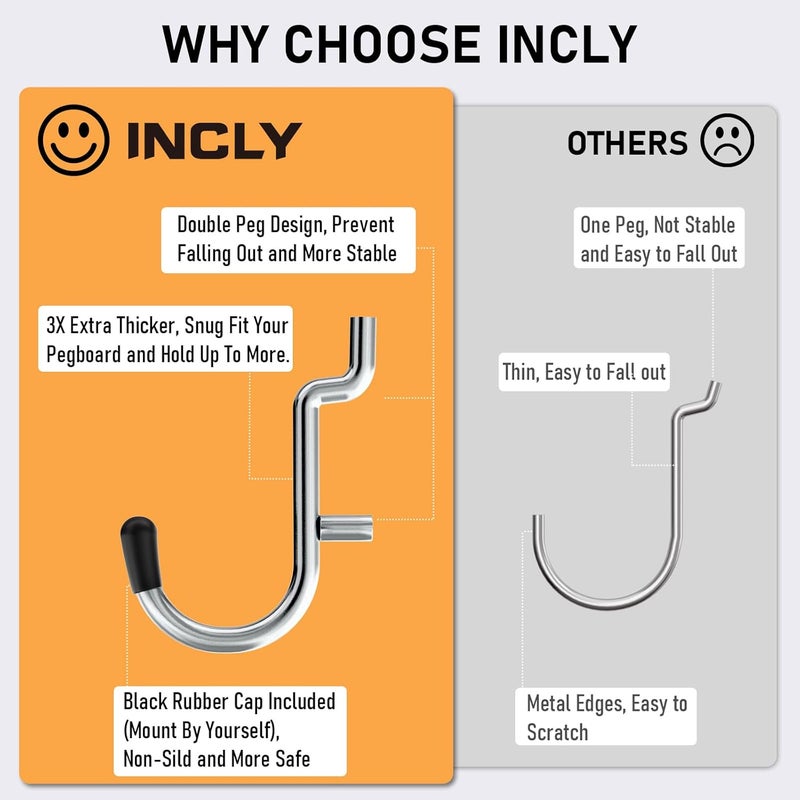 INCLY 176PCS Extra Thick Pegboard Hooks, 1/4" Heavy Duty Metal Peg Board Hooks Assortment with Peg Locks Pegboard Accessories Kit for Garage Wall Organizer Hanging Tools - Image 2